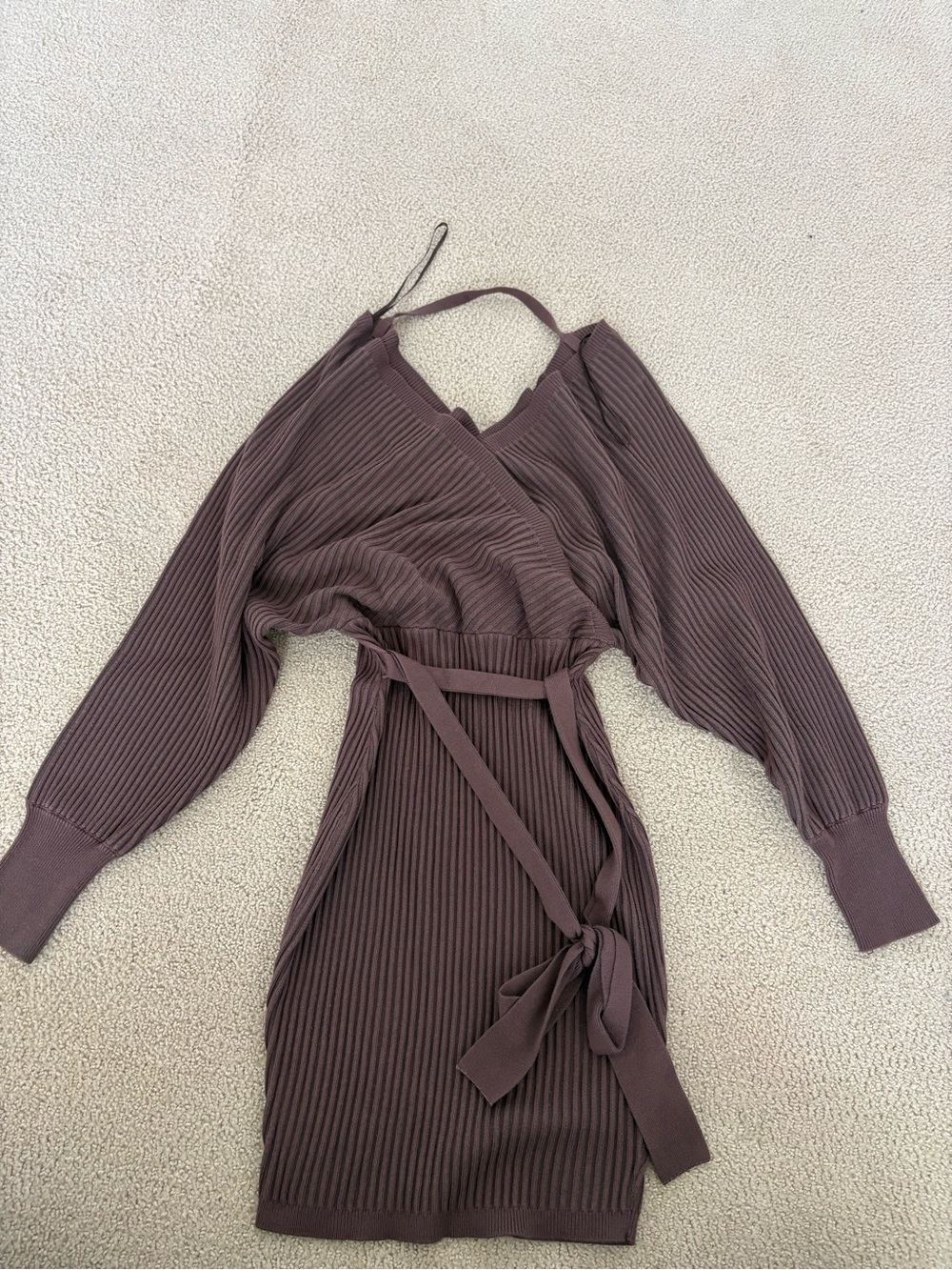 Ribbed Wrap Sweater Dress in Brown